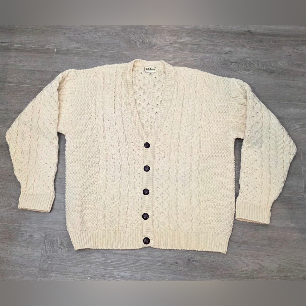 Vintage 90's L.L. Bean Ireland Wool Knit Fishermen Cardigan Sweater Men XL